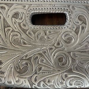 Leather Hand Tooled Purse Bag Clutch Metallic Silver
